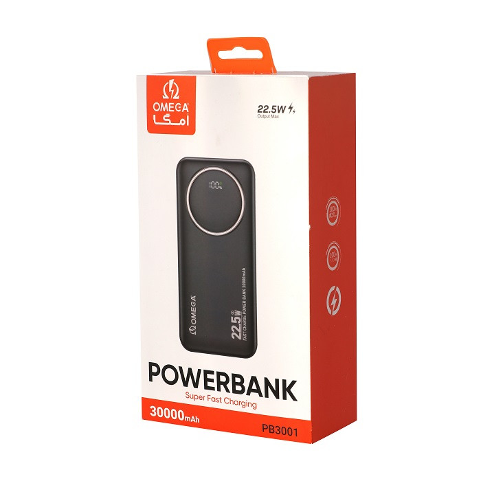 پاوربانک 30000 میلیآمپر امگا مدل PB3001 با 4 کابل شارژ داخلی