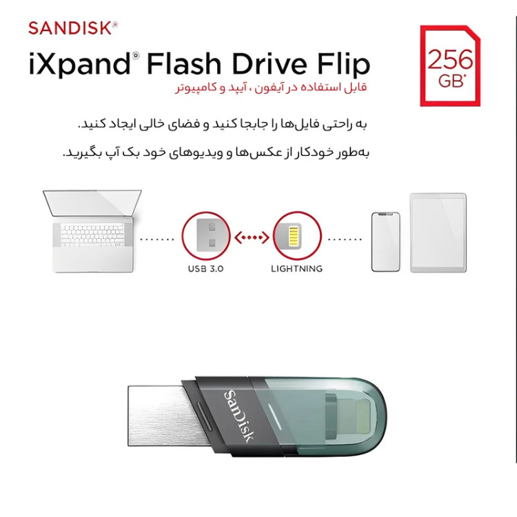 فلش مموری سن دیسک iXPAND FLIP ظرفیت 256 گیگابایت با دو رابط Lightning و USB 3.1، بدنه فلزی، سازگار با iPhone، iPad، ویندوز و مک، انتقال خودکار عکس و ویدیو، طراحی درپوشدار و سبک