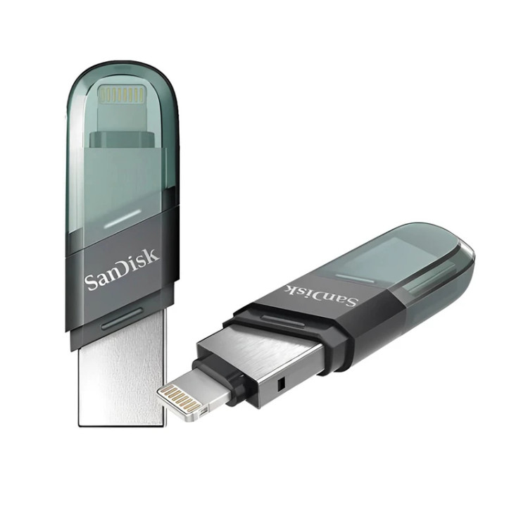 فلش مموری سن دیسک iXPAND FLIP ظرفیت 256 گیگابایت با دو رابط Lightning و USB 3.1، بدنه فلزی، سازگار با iPhone، iPad، ویندوز و مک، انتقال خودکار عکس و ویدیو، طراحی درپوشدار و سبک