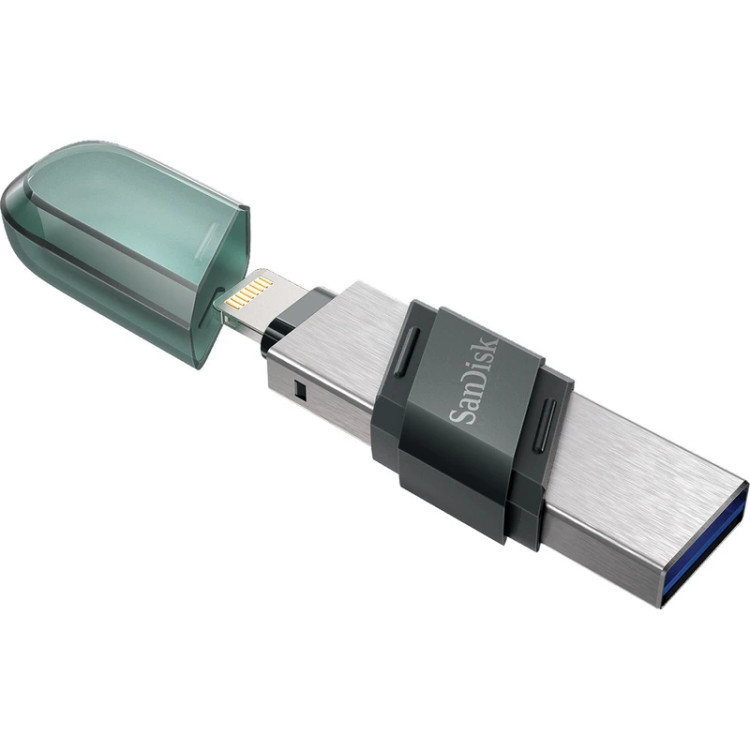 فلش مموری سن دیسک iXPAND FLIP ظرفیت 256 گیگابایت با دو رابط Lightning و USB 3.1، بدنه فلزی، سازگار با iPhone، iPad، ویندوز و مک، انتقال خودکار عکس و ویدیو، طراحی درپوشدار و سبک